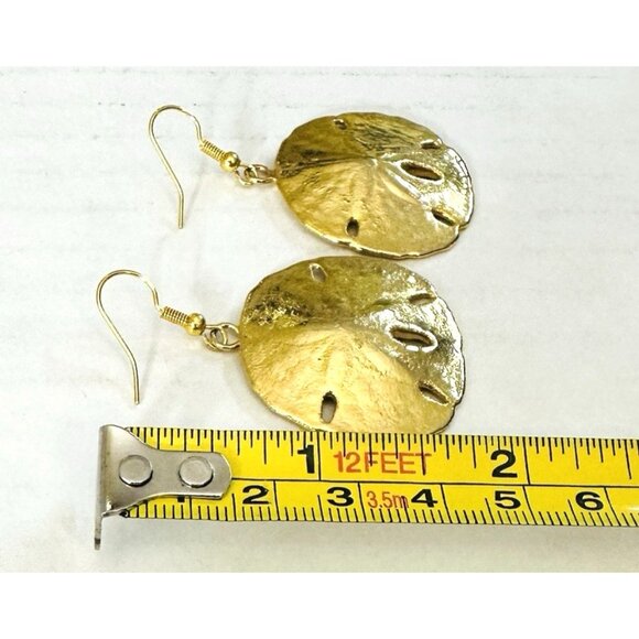 Sand Dollar Earrings Gold Tone Fishhook Drop Dangle Beautiful Satiny Look VTG - Picture 3 of 5